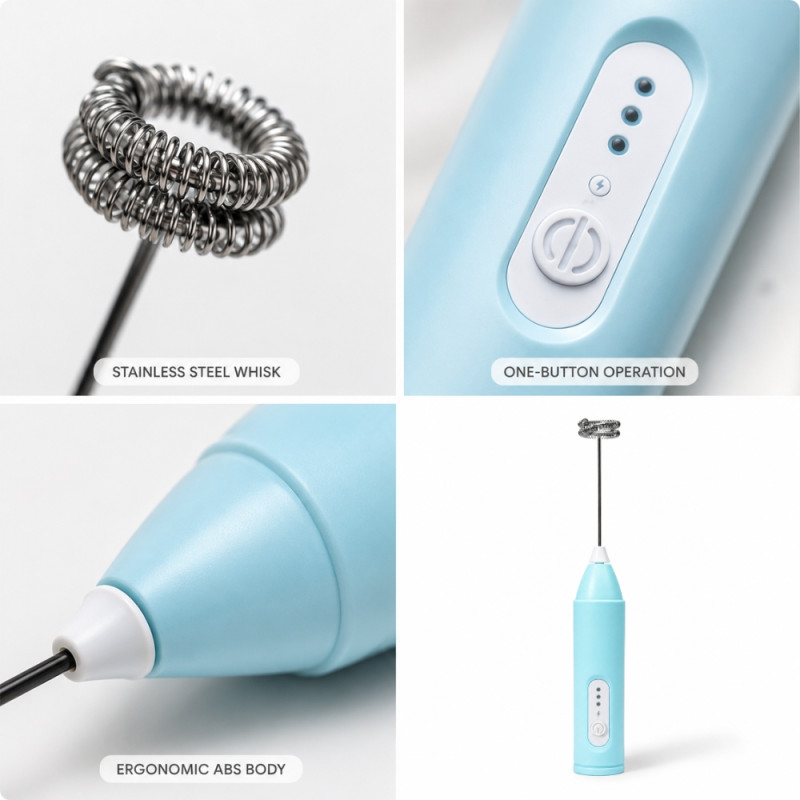 Disruptive USB-rechargeable electric milk frother with three adjustable speed settings – Aqua (21.5cm)
