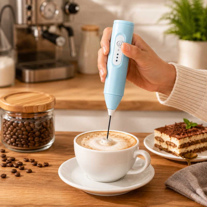 Disruptive USB-rechargeable electric milk frother with three adjustable speed settings – Aqua (21.5cm)
