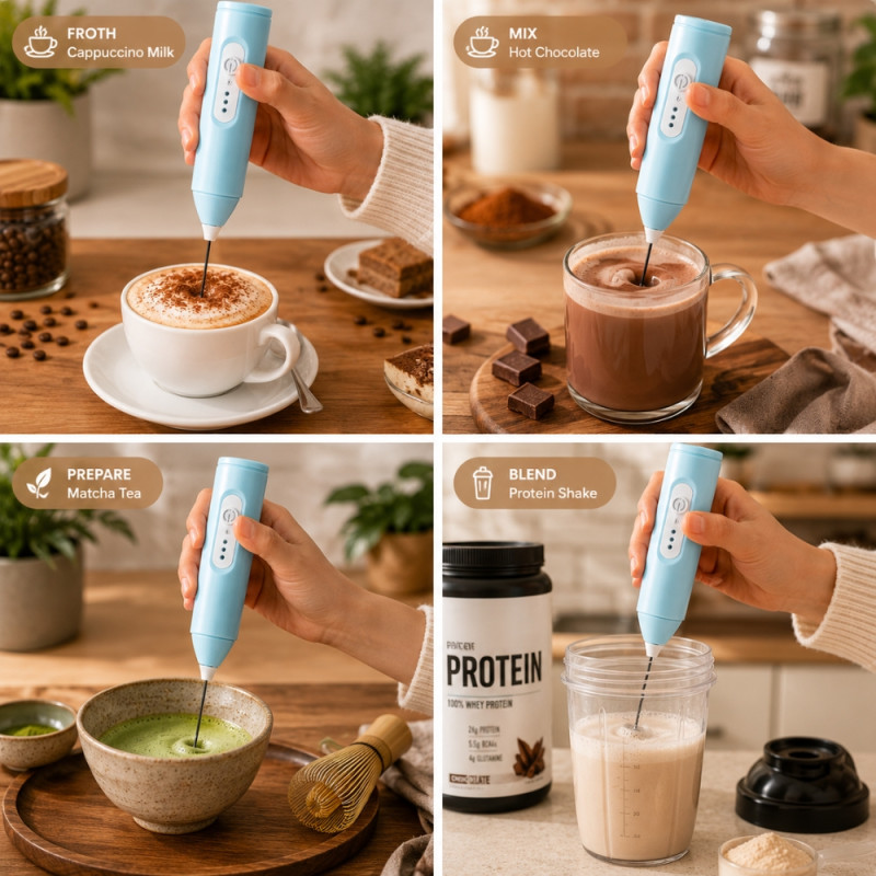 Disruptive USB-rechargeable electric milk frother with three adjustable speed settings – Aqua (21.5cm)