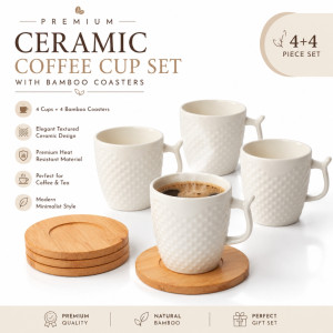Minimalist Embossed Ceramic Mugs and Bamboo Coasters Set – White (12pcs)