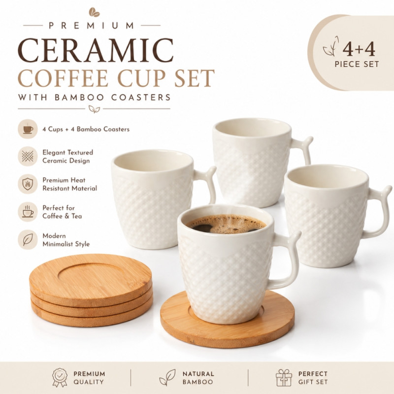 Minimalist Embossed Ceramic Mugs and Bamboo Coasters Set – White (12pcs)