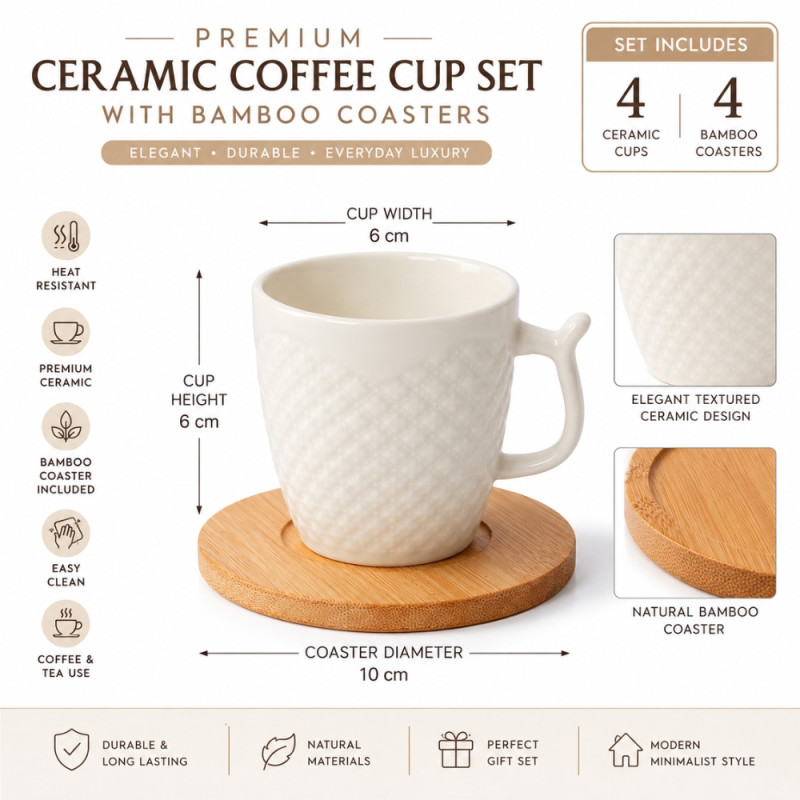 Minimalist Embossed Ceramic Mugs and Bamboo Coasters Set – White (12pcs)