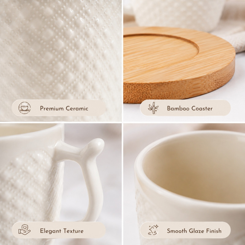 Minimalist Embossed Ceramic Mugs and Bamboo Coasters Set – White (12pcs)