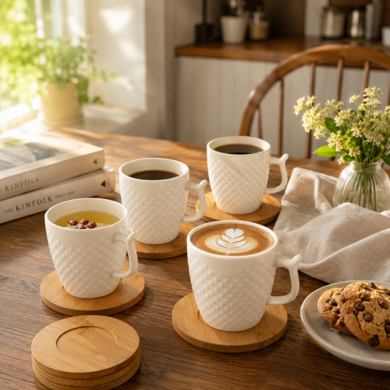 Minimalist Embossed Ceramic Mugs and Bamboo Coasters Set – White (12pcs)