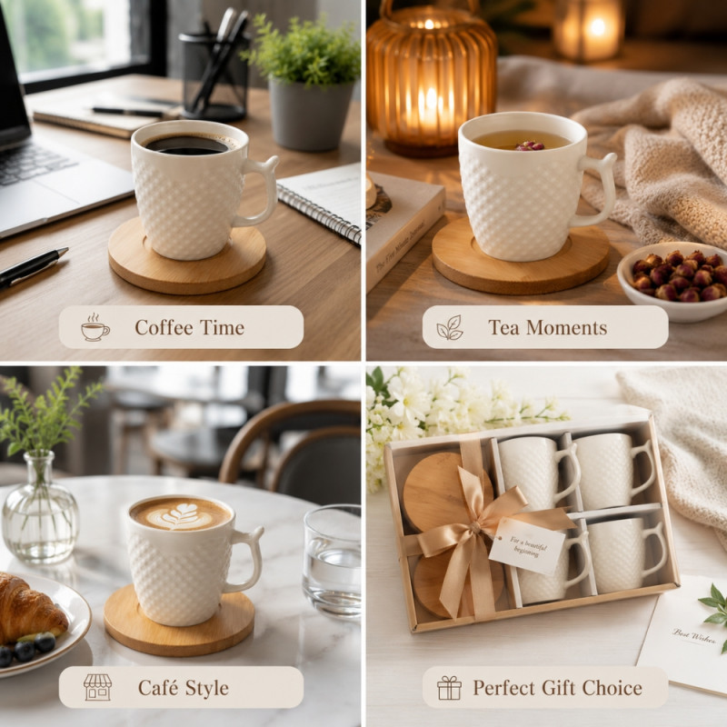 Minimalist Embossed Ceramic Mugs and Bamboo Coasters Set – White (12pcs)