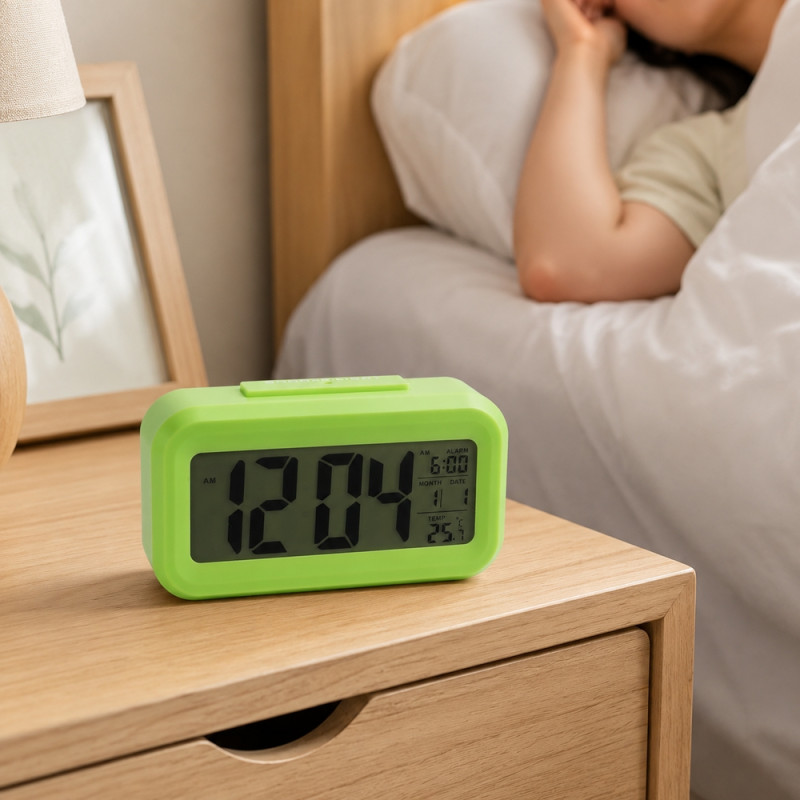 Green Digital LCD Alarm Clock with Temperature & Date Display