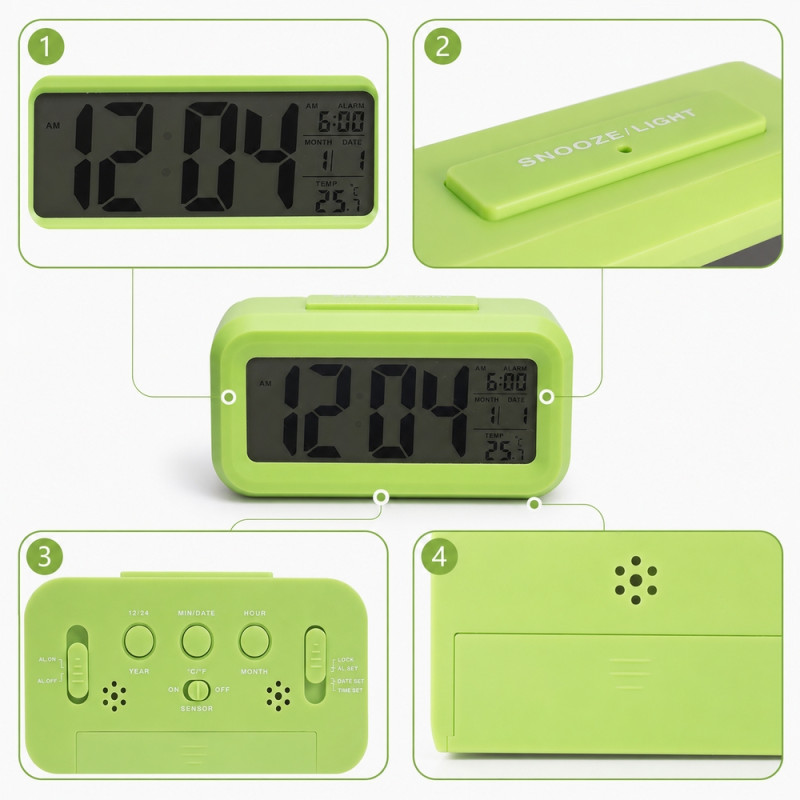 Green Digital LCD Alarm Clock with Temperature & Date Display