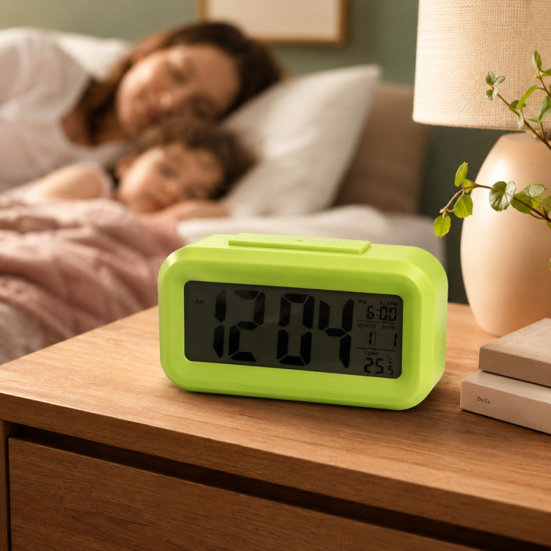 Green Digital LCD Alarm Clock with Temperature & Date Display