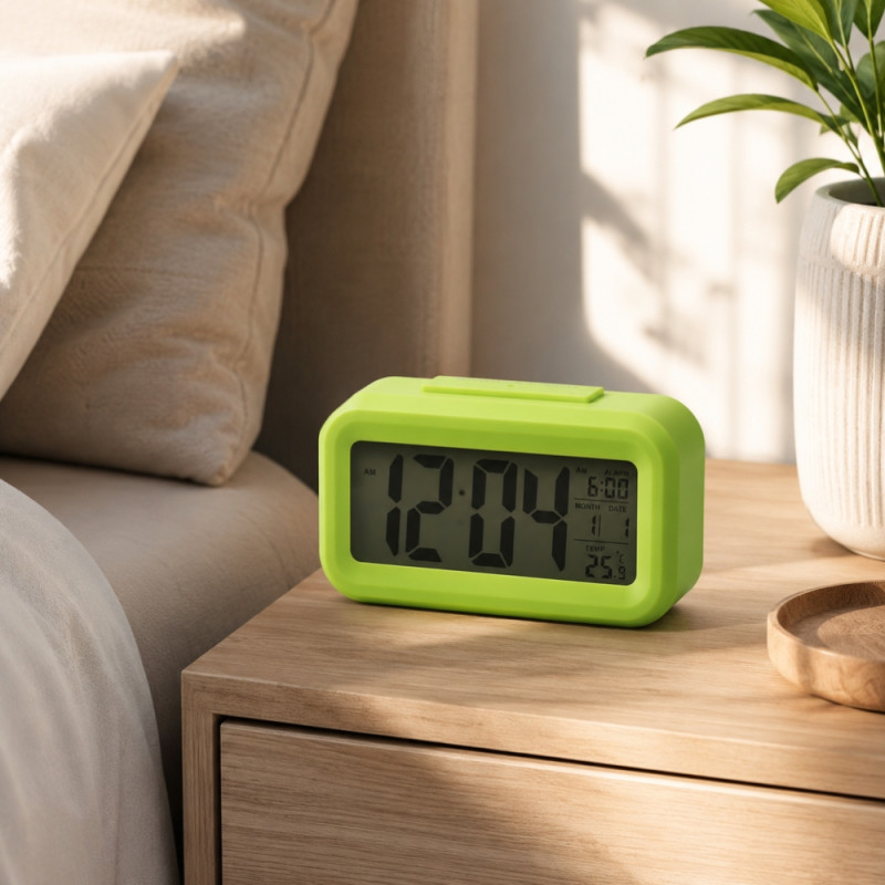 Green Digital LCD Alarm Clock with Temperature & Date Display