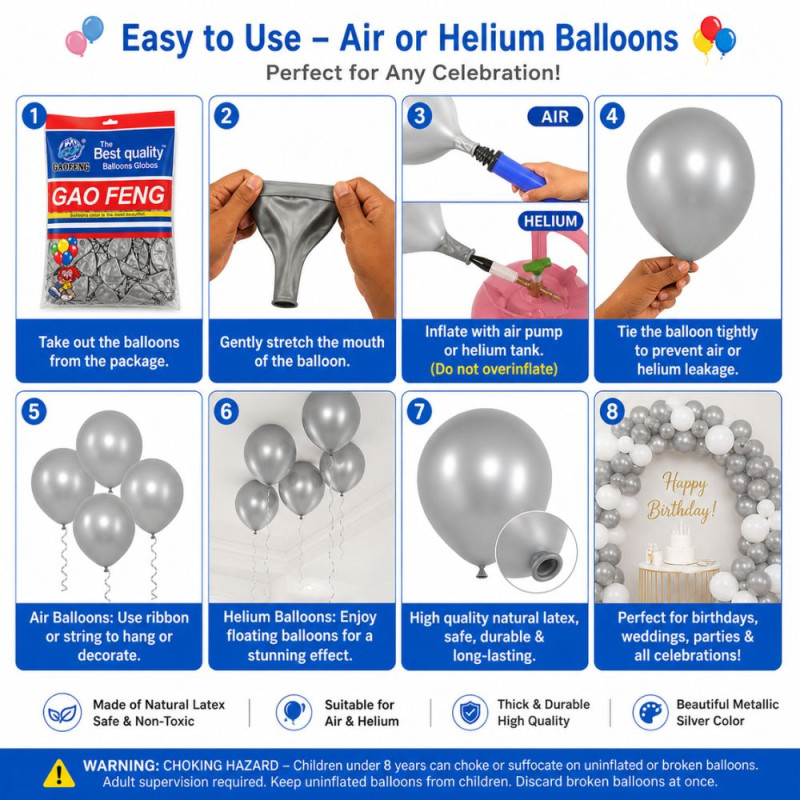 Professional Metallic Silver Helium-Grade Latex Party Balloons – High-Shine Decorative Set (12cm)