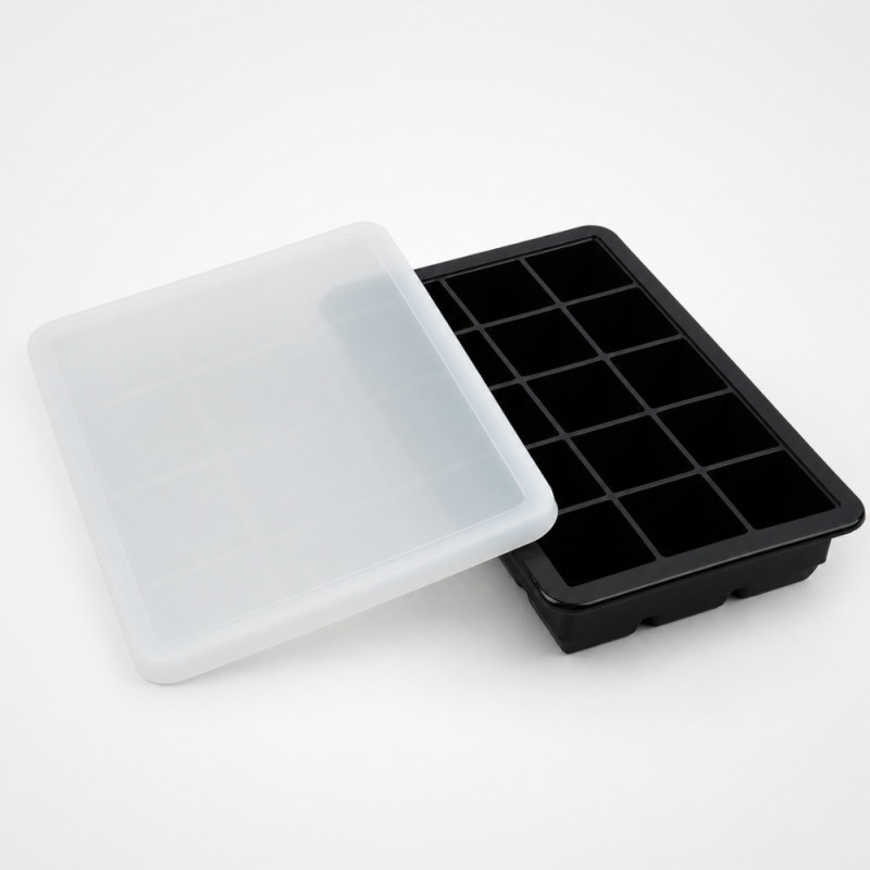 Professional Silicone Large Square Ice Cube Tray – Black with Translucent Lid (19.5cm)