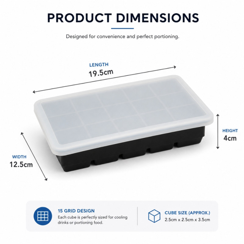 Professional Silicone Large Square Ice Cube Tray – Black with Translucent Lid (19.5cm)