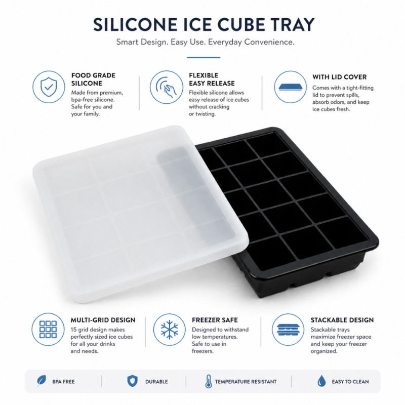 Professional Silicone Large Square Ice Cube Tray – Black with Translucent Lid (19.5cm)