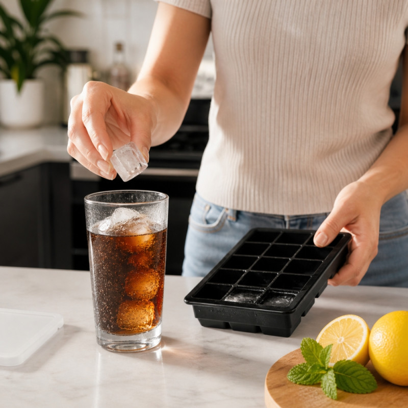 Professional Silicone Large Square Ice Cube Tray – Black with Translucent Lid (19.5cm)