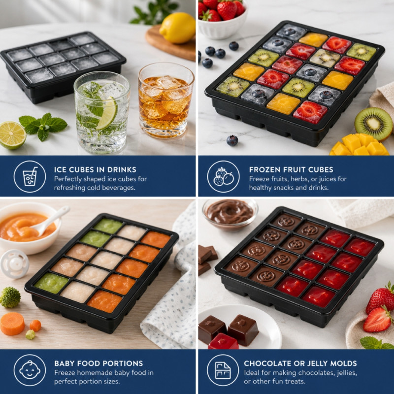 Professional Silicone Large Square Ice Cube Tray – Black with Translucent Lid (19.5cm)