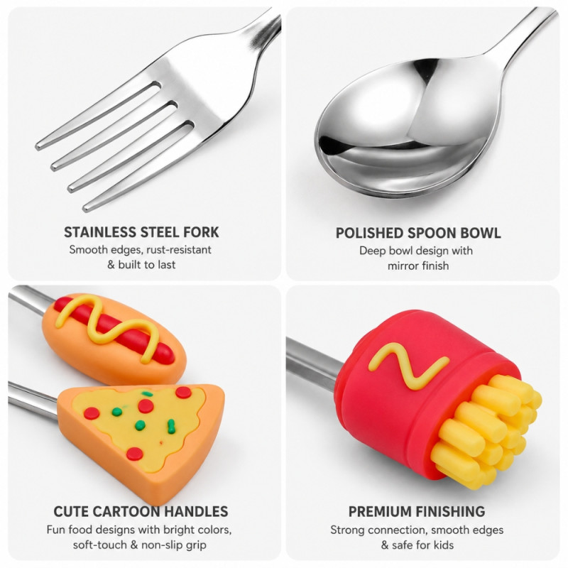 Sleek stainless steel and silicone cutlery set for children – Silver (6 Pieces)