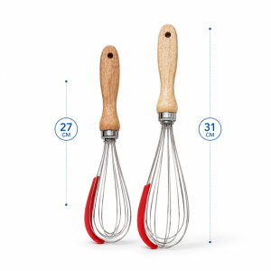 Frictionless stainless steel and wooden handle balloon whisk set featuring red silicone edges for cookware protection – Wooden & Silver (2 Pcs)