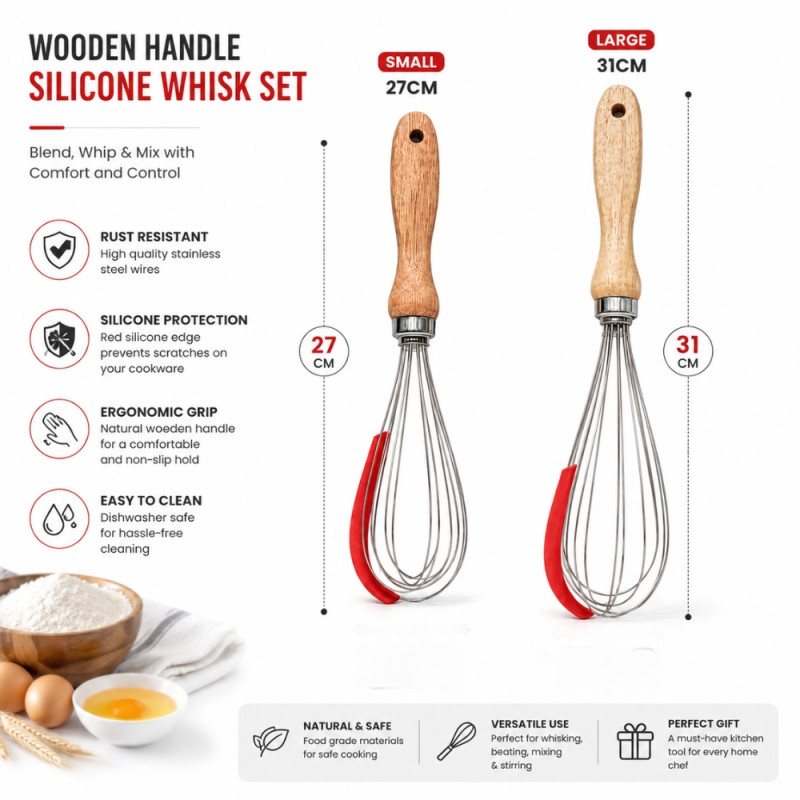 Frictionless stainless steel and wooden handle balloon whisk set featuring red silicone edges for cookware protection – Wooden &amp; Silver (2 Pcs)