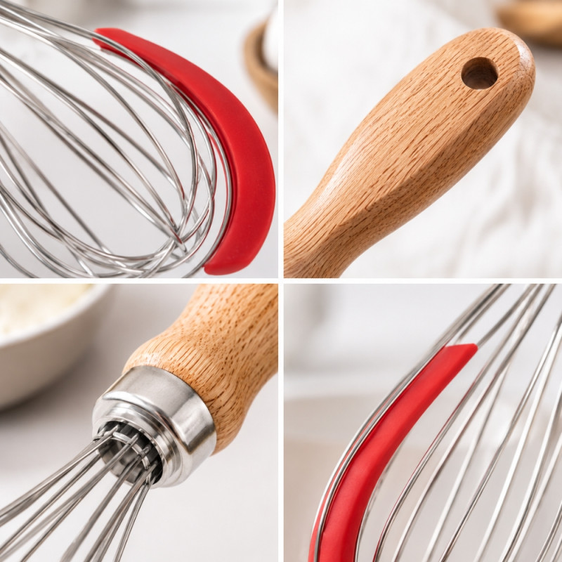 Frictionless stainless steel and wooden handle balloon whisk set featuring red silicone edges for cookware protection – Wooden &amp; Silver (2 Pcs)