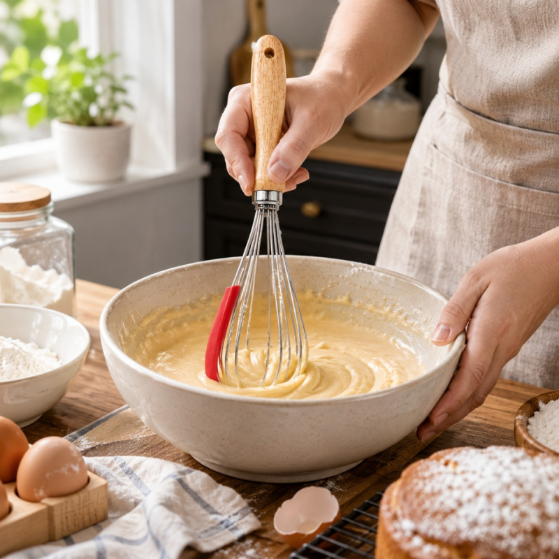 Frictionless stainless steel and wooden handle balloon whisk set featuring red silicone edges for cookware protection – Wooden &amp; Silver (2 Pcs)