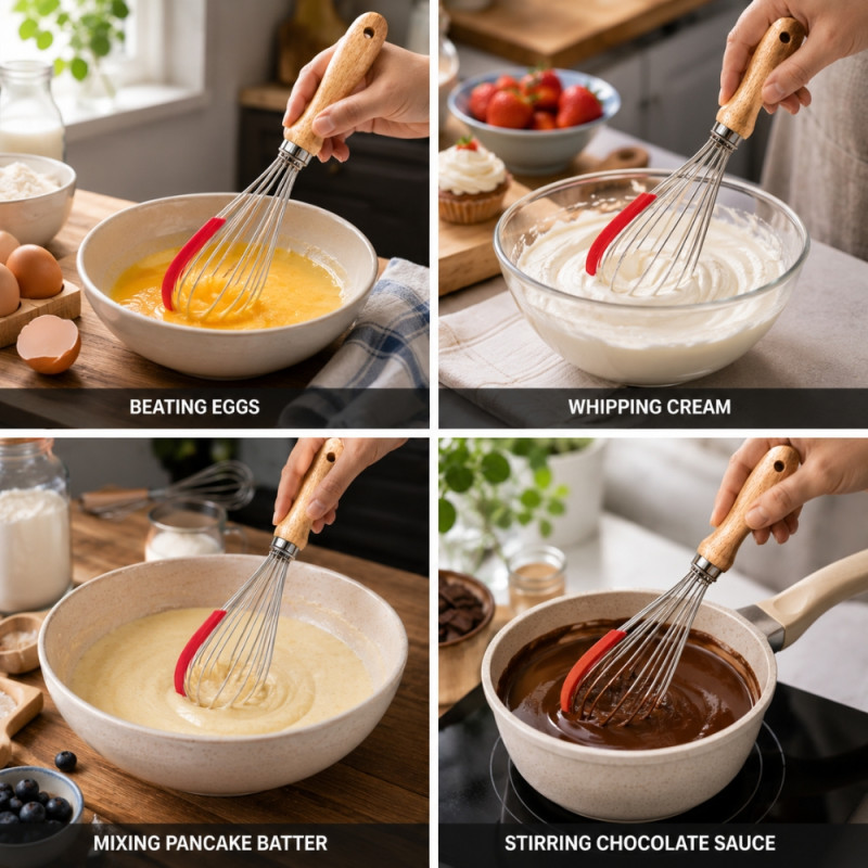 Frictionless stainless steel and wooden handle balloon whisk set featuring red silicone edges for cookware protection – Wooden &amp; Silver (2 Pcs)