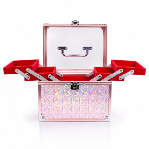 Professional Metallic Light Pink Cosmetic Organizer – Expandable Trays & Clear Lid (23cm)