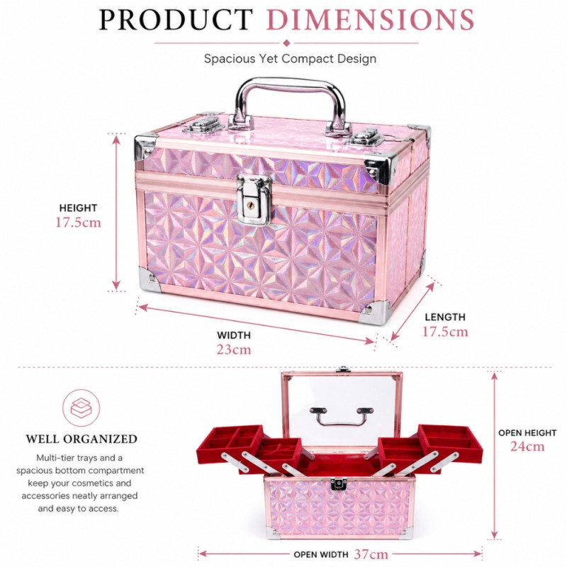 Professional Metallic Light Pink Cosmetic Organizer – Expandable Trays &amp; Clear Lid (23cm)