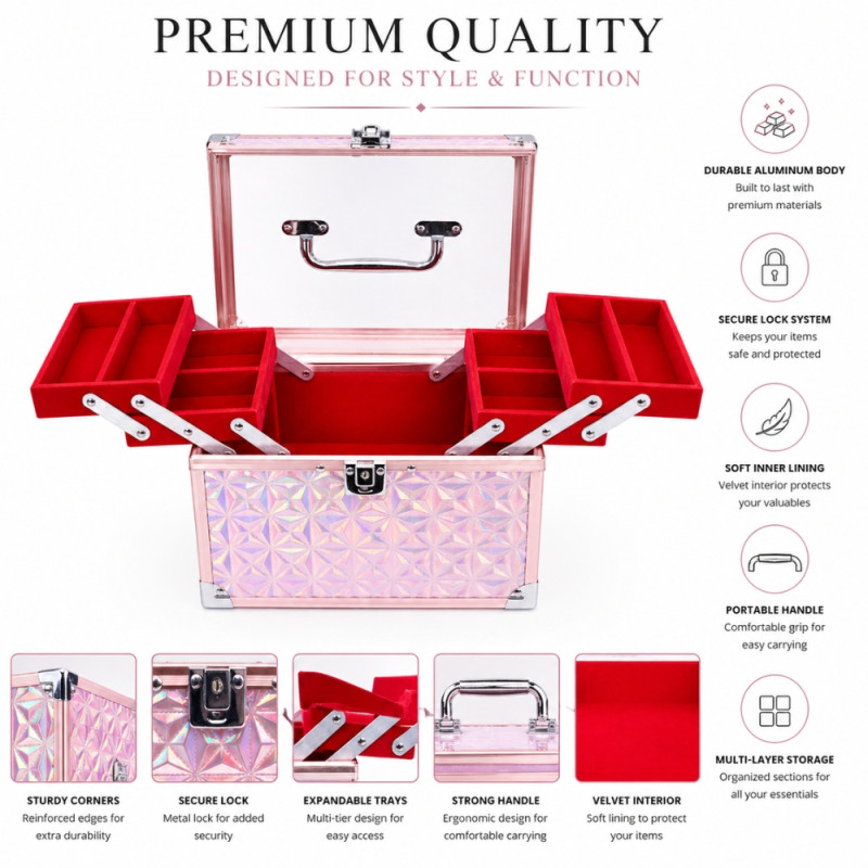 Professional Metallic Light Pink Cosmetic Organizer – Expandable Trays &amp; Clear Lid (23cm)