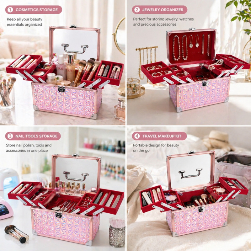 Professional Metallic Light Pink Cosmetic Organizer – Expandable Trays &amp; Clear Lid (23cm)