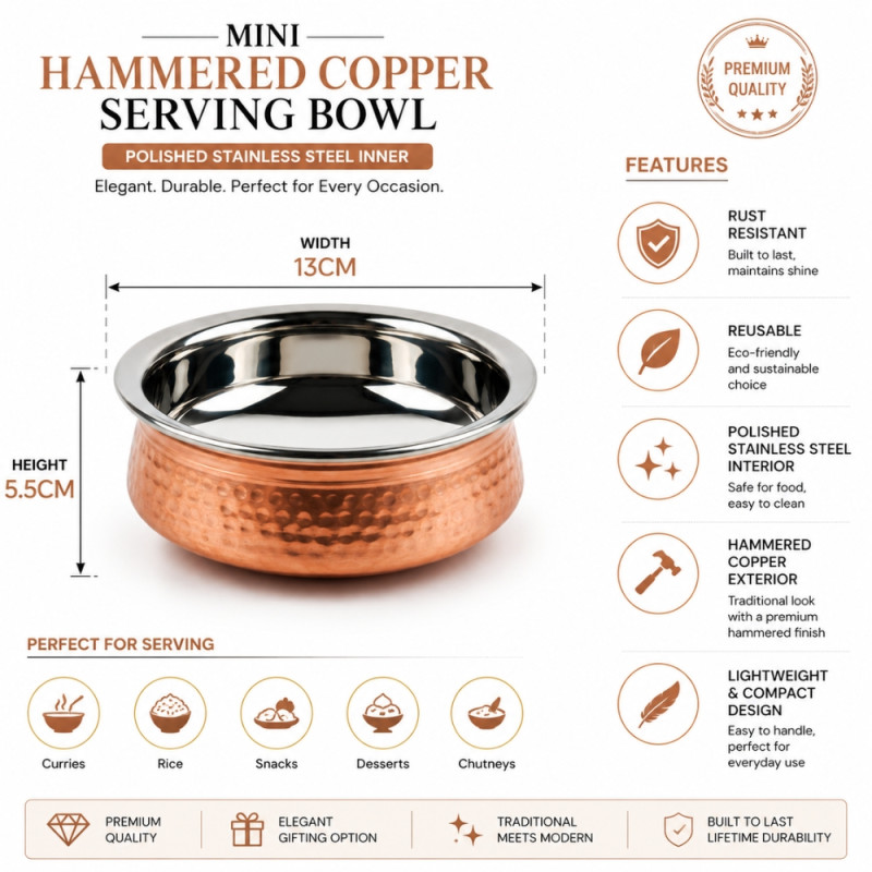 Smart hammered copper serving bowl featuring a polished stainless steel interior – Rose Gold &amp; Silver (5.5 x 13 x 0cm)