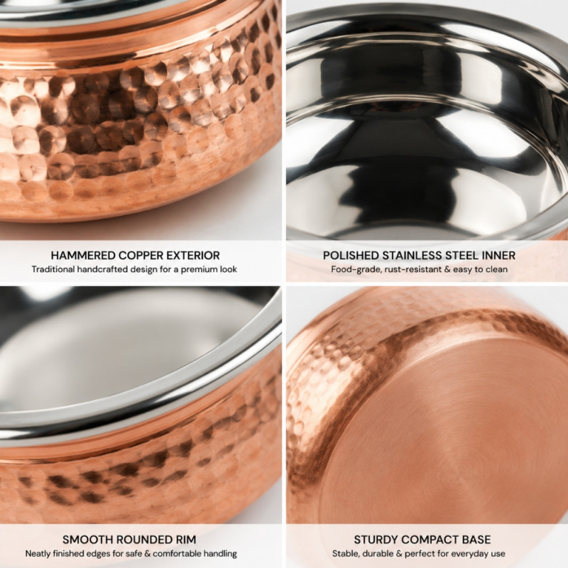 Smart hammered copper serving bowl featuring a polished stainless steel interior – Rose Gold &amp; Silver (5.5 x 13 x 0cm)