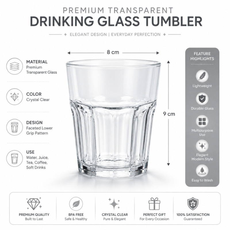Crystal Clear Glass Tumbler Set – Transparent Premium Quality (9x8cm)