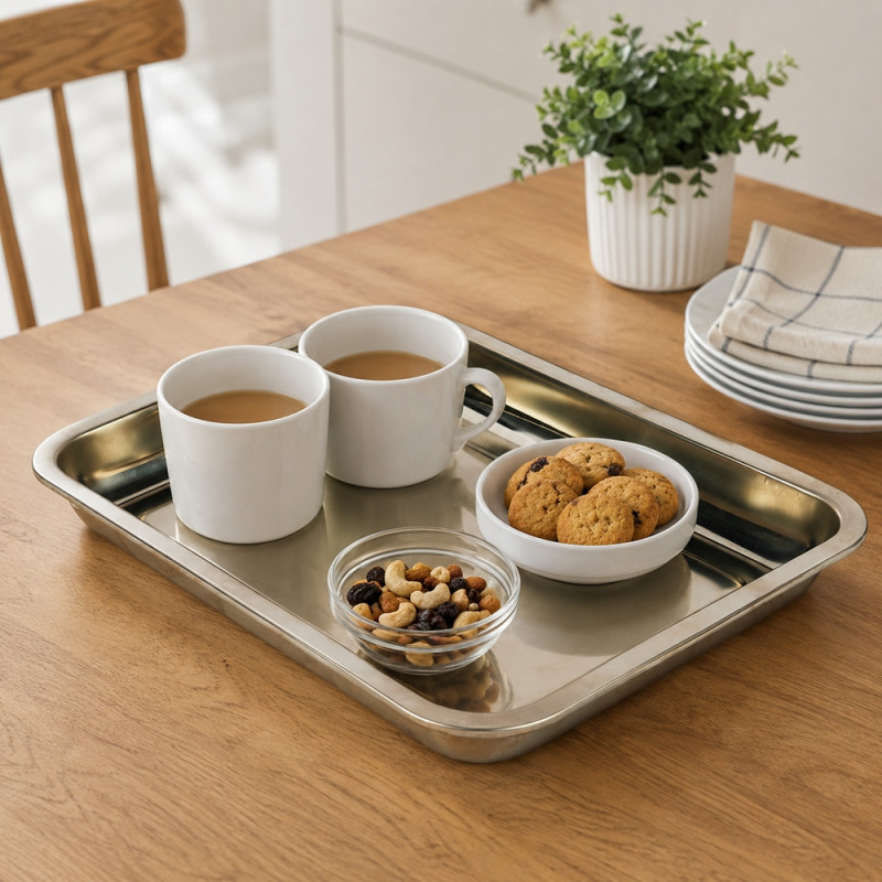 Classic Edge Stainless Steel Tray Designed for Elegant Dining & Entertaining – Silver (H-26.5cm X W-35.5cm)