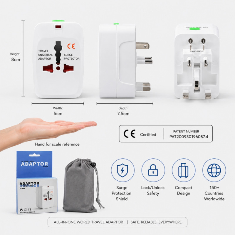 Professional Universal Travel Adapter – Compact All-in-One Design (White)
