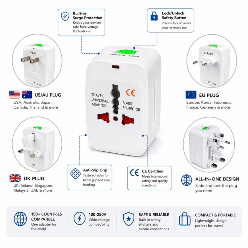 Professional Universal Travel Adapter – Compact All-in-One Design (White)