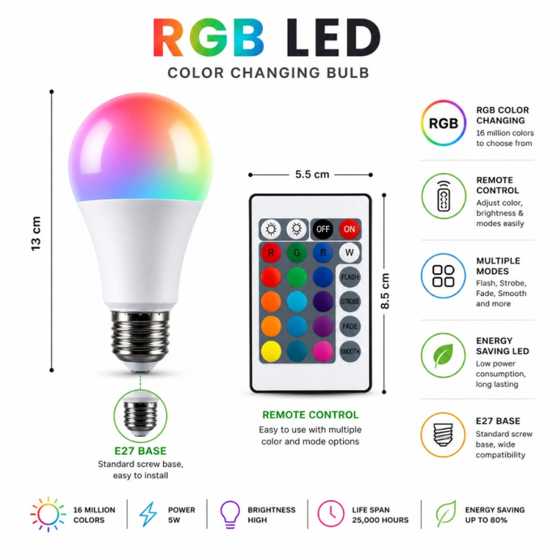 RGB LED Color-Changing Smart Bulb with Remote Control – White (13cm)