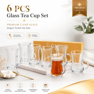 Vintage clear glass tea and coffee cup set featuring a traditional Turkish silhouette with handles – Transparent (6PCS)