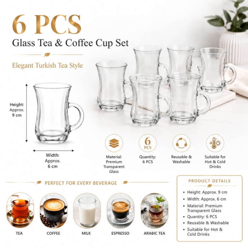 Vintage clear glass tea and coffee cup set featuring a traditional Turkish silhouette with handles – Transparent (6PCS)