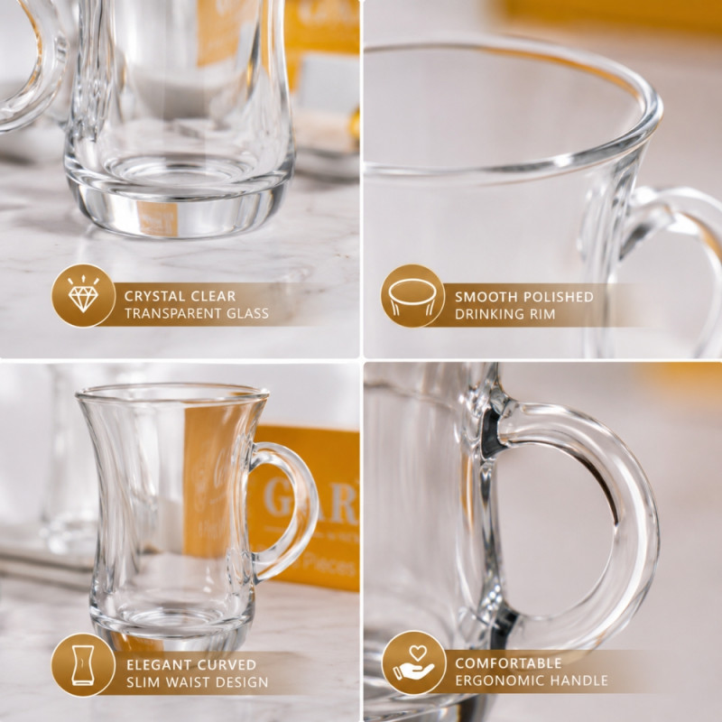 Vintage clear glass tea and coffee cup set featuring a traditional Turkish silhouette with handles – Transparent (6PCS)