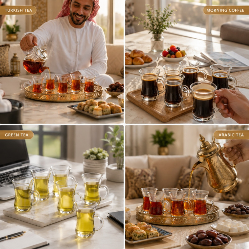 Vintage clear glass tea and coffee cup set featuring a traditional Turkish silhouette with handles – Transparent (6PCS)