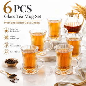 Radiant Turkish tea glass set featuring a ribbed design and handle – Transparent (6PCS)