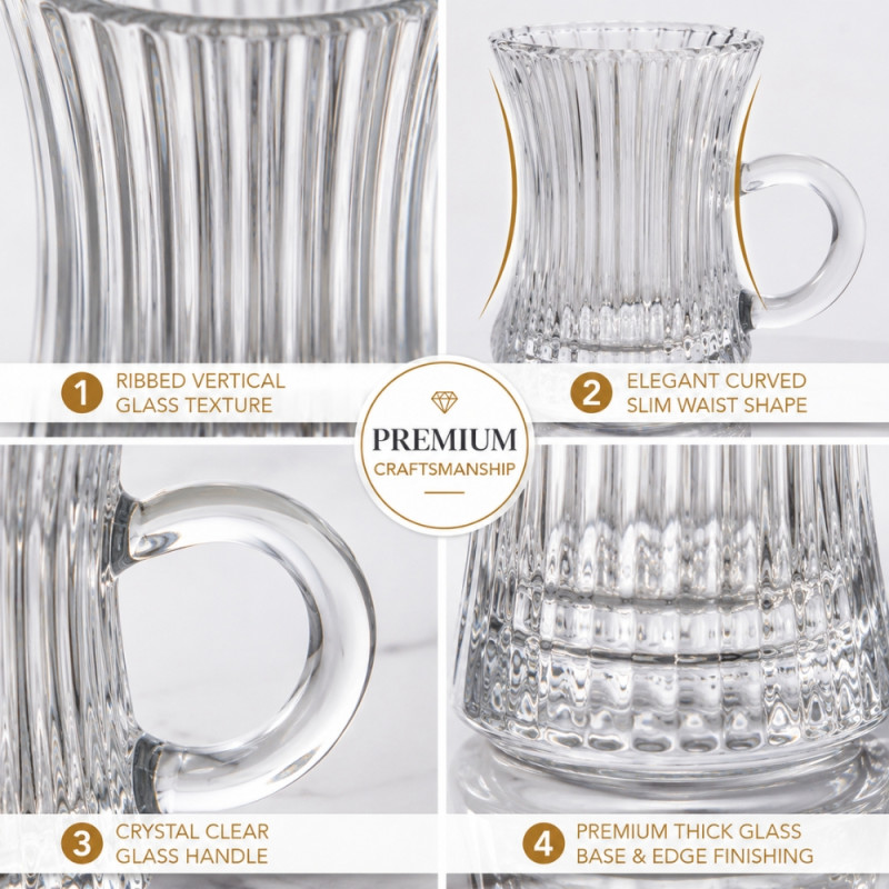 Radiant Turkish tea glass set featuring a ribbed design and handle – Transparent (6PCS)