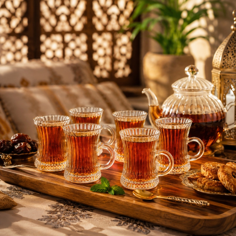 Radiant Turkish tea glass set featuring a ribbed design and handle – Transparent (6PCS)