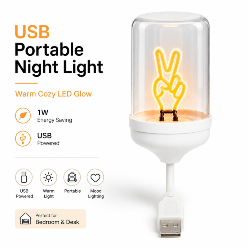 Whimsical USB-Powered LED Neon Night Light with Peace Sign Design – White (20 x 5cm)