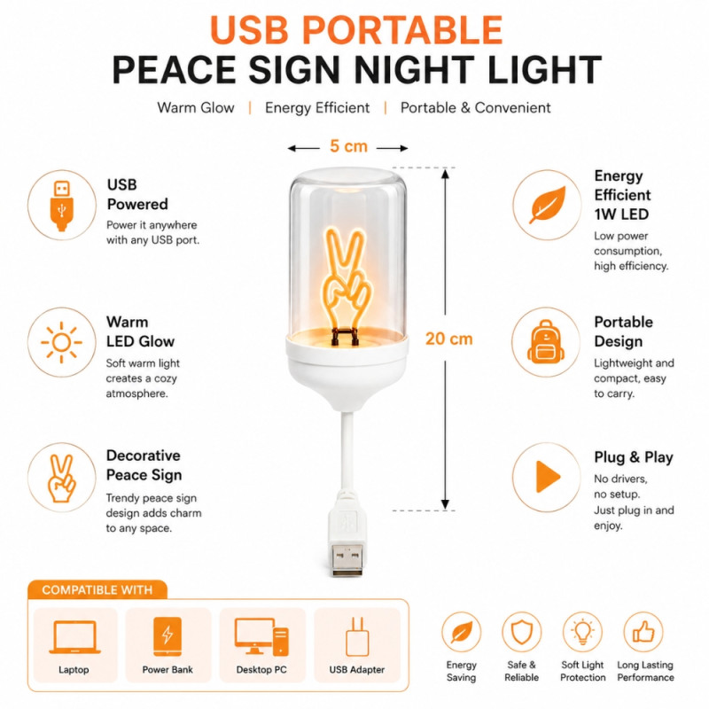 Whimsical USB-Powered LED Neon Night Light with Peace Sign Design – White (20 x 5cm)