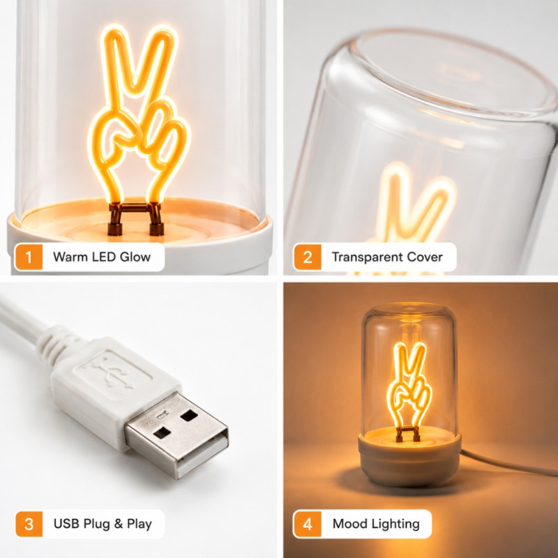Whimsical USB-Powered LED Neon Night Light with Peace Sign Design – White (20 x 5cm)