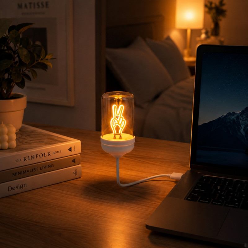Whimsical USB-Powered LED Neon Night Light with Peace Sign Design – White (20 x 5cm)