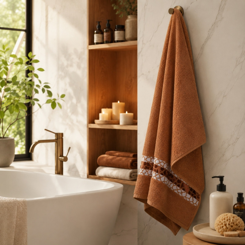 Sophisticated Premium Quality Hotel Collection large cotton bath towel with a decorative patterned border – Gray Orange (170 x 58cm)