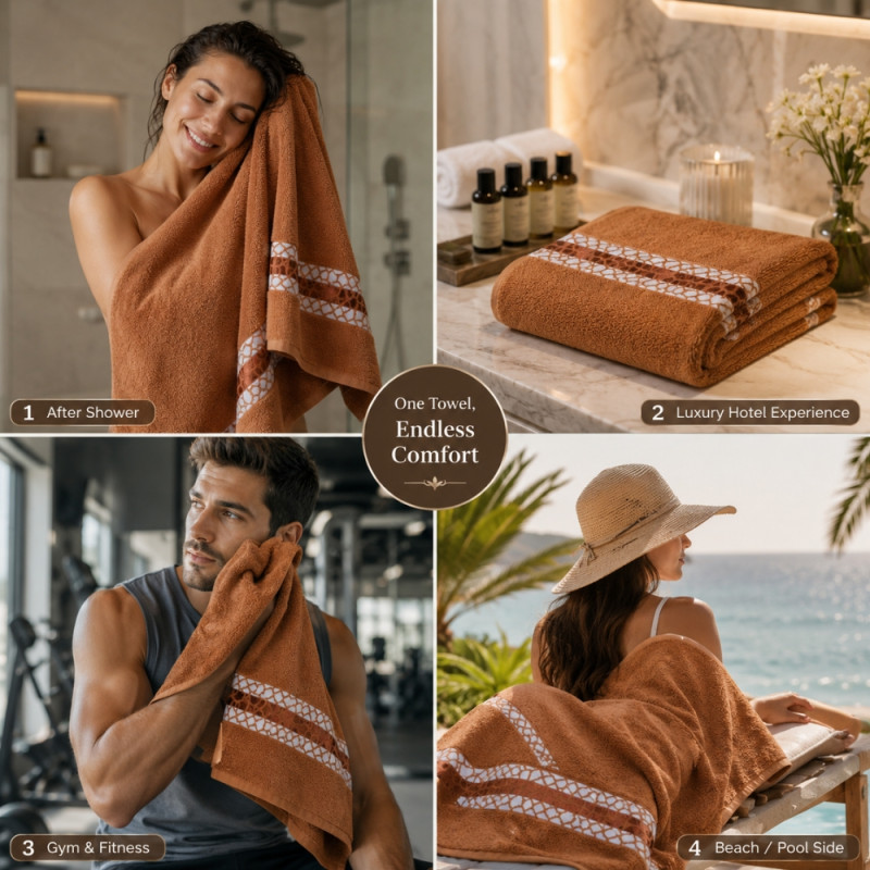 Sophisticated Premium Quality Hotel Collection large cotton bath towel with a decorative patterned border – Gray Orange (170 x 58cm)