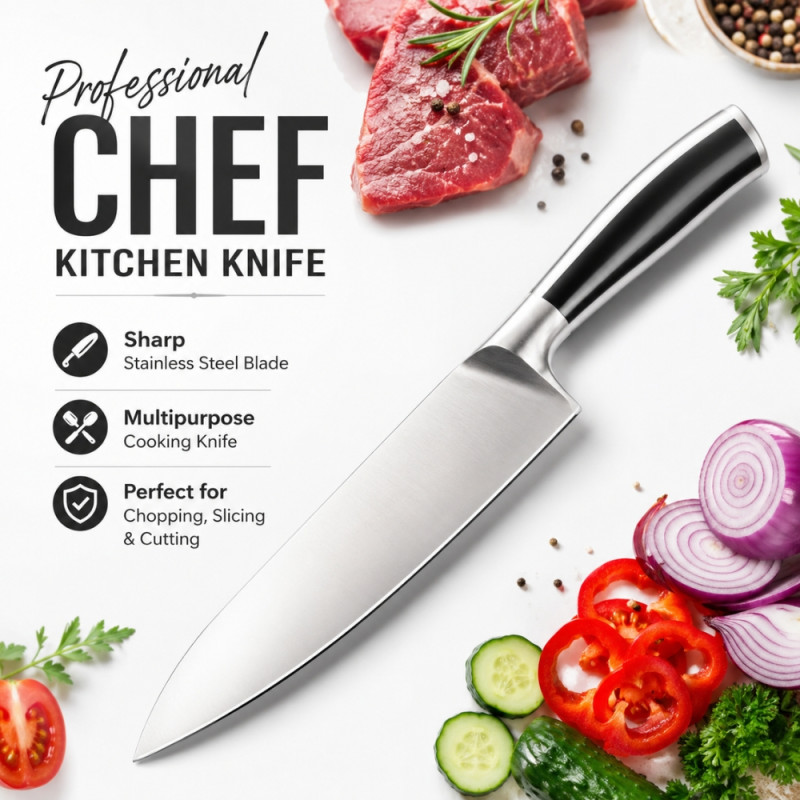 Professional Kitchen Knife Set – silver .black Sharp Blades (4x31cm)